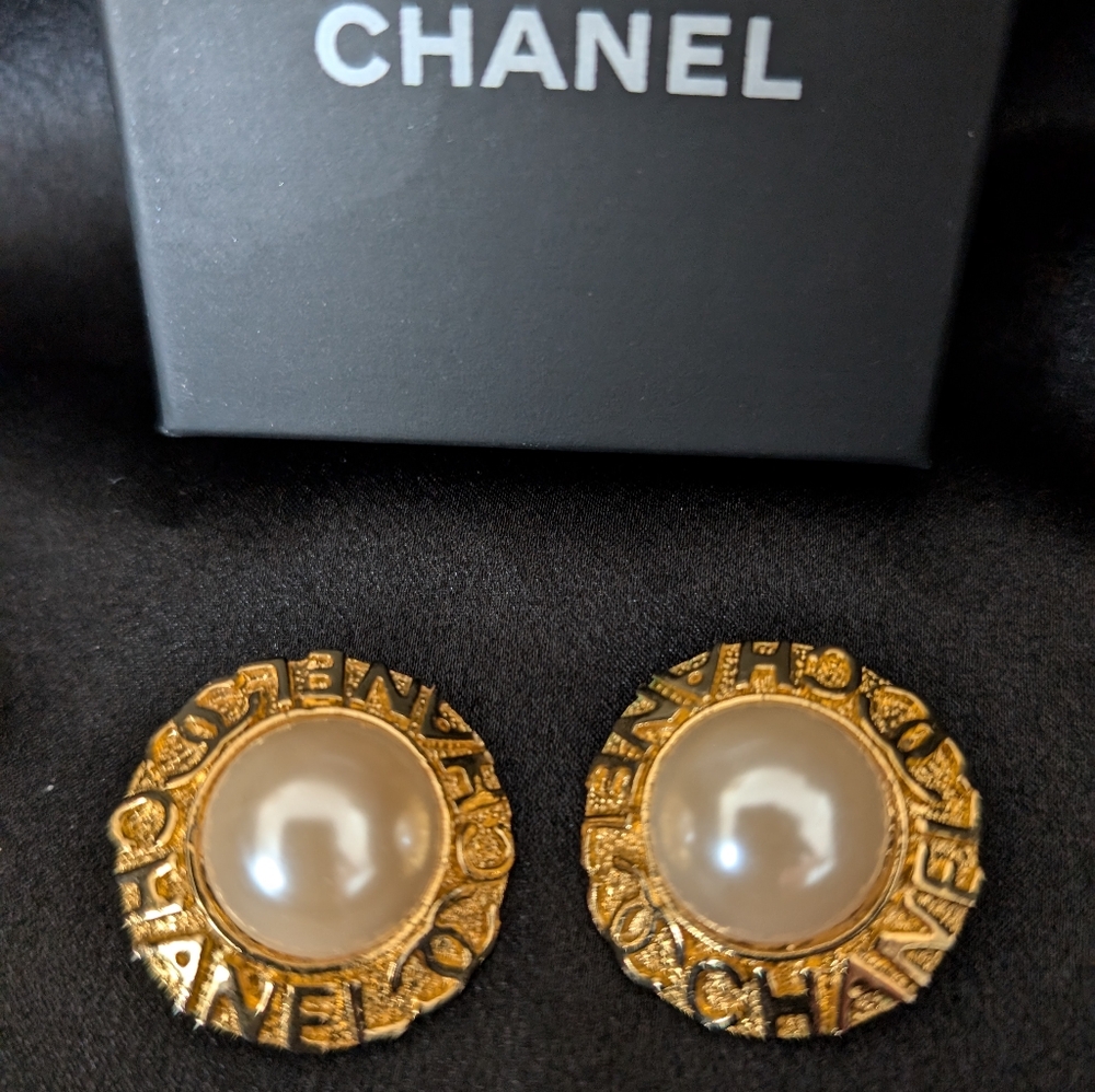Vintage Chanel w/COA Gold & Faux Pearl Clip Earrings